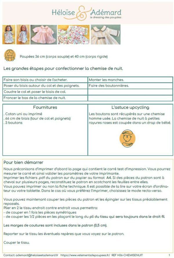Fiche technique chemise de nuit poupee