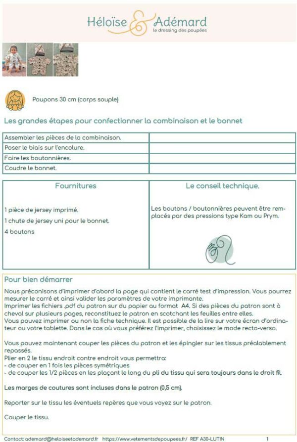 Fiche technique pyjama lutin poupon 30