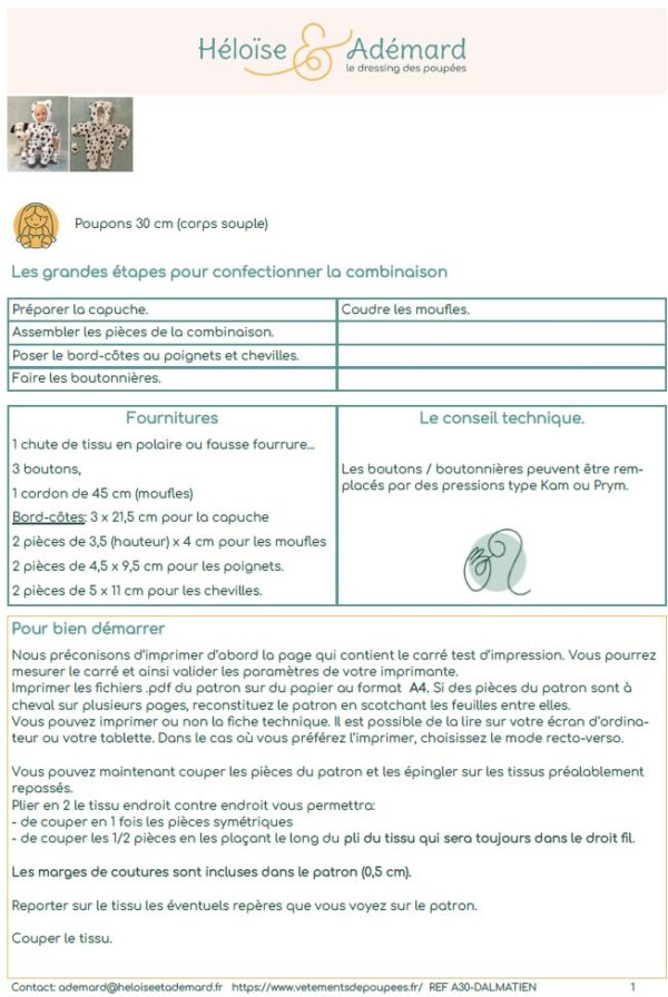 Fiche technique combinaison pilote poupon 30