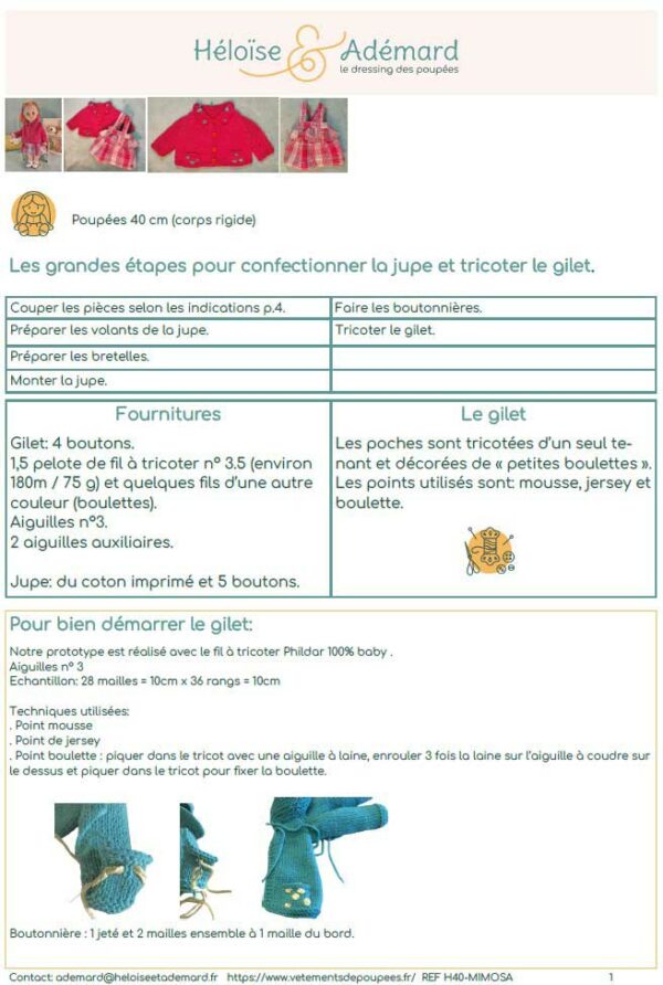 Fiche technique jupe et gilet poupée 40 cm