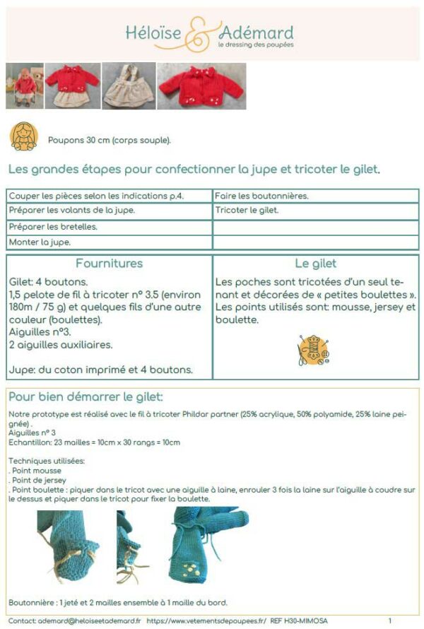 fiche technique jupe et gilet poupon 30