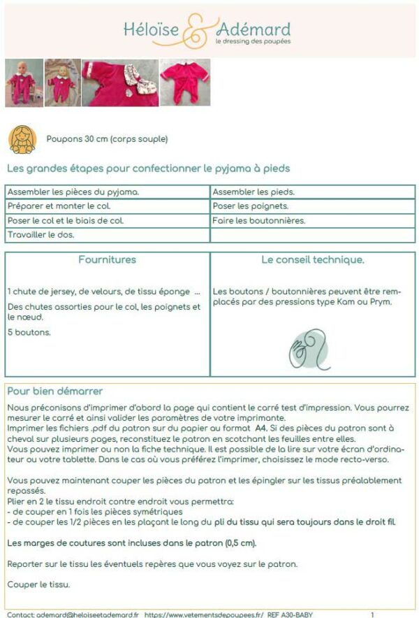 fiche technique pyjama poupon 30
