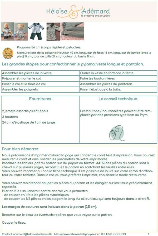 Fiche technique pyjama poupon 36