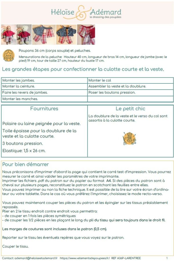 Fiche technique veste et culotte courte poupon 36