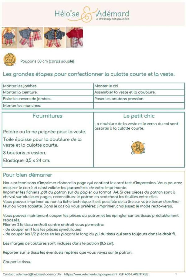 Fiche technique veste et culotte courte poupon 30