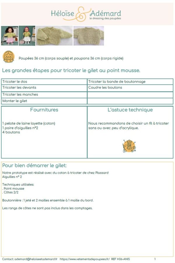 fiche technique gilet point mousse poupée 36