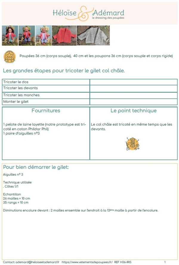 Fiche technique gilet col châle poupon et poupée
