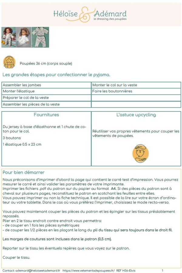 fiche technique pyjama poupée 36