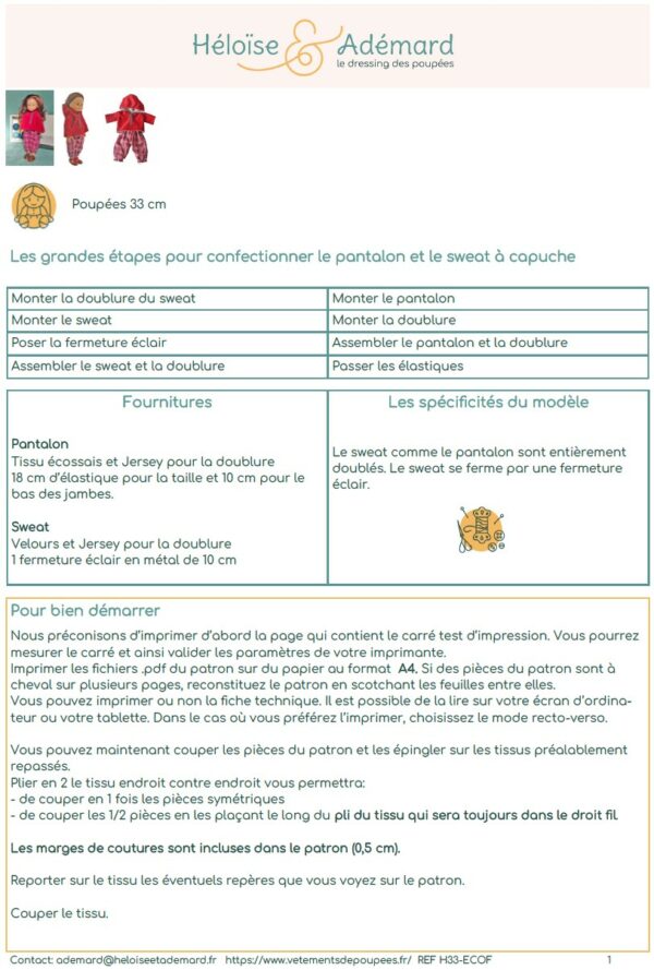 Fiche technique Sweat et pantalon poupée 33 cm