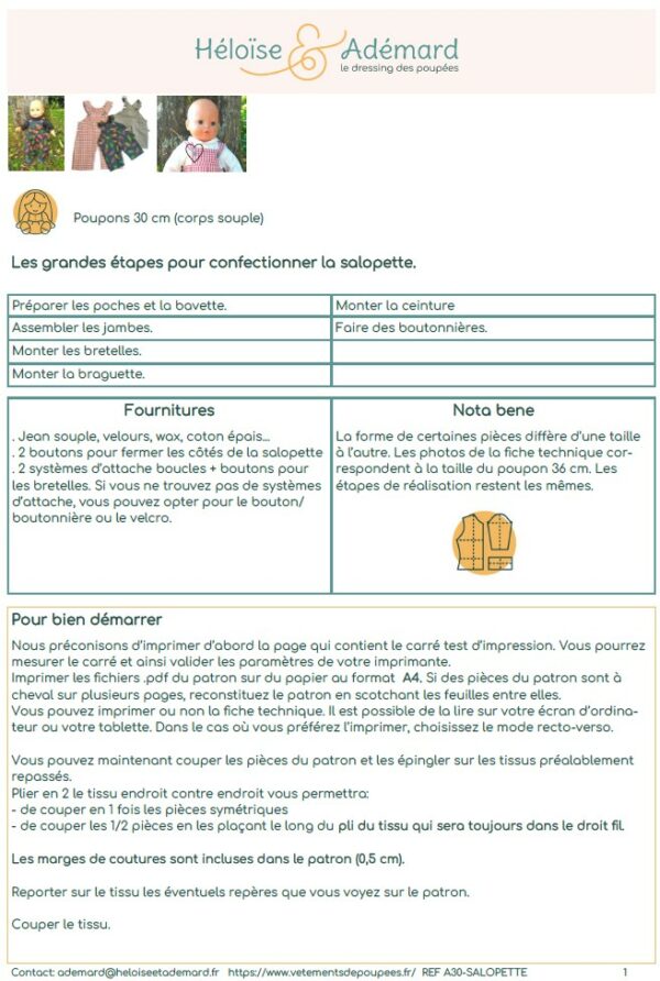 fiche technique salopette poupon 30