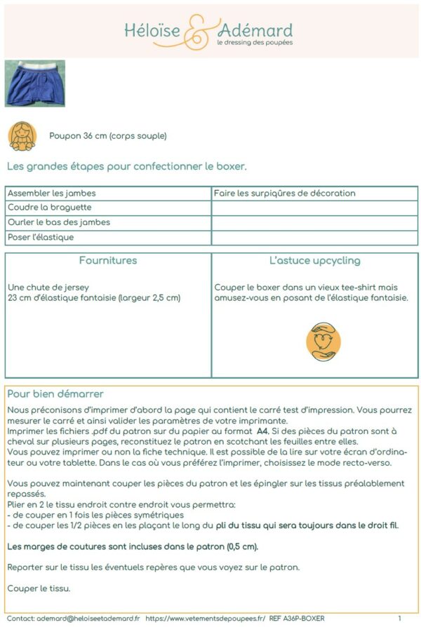 Fiche technique boxer pour poupon 36 cm