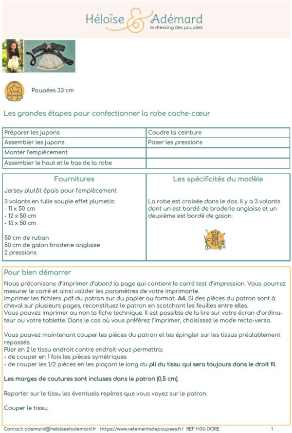 Fiche technique robe cache-coeur poupée Chérie