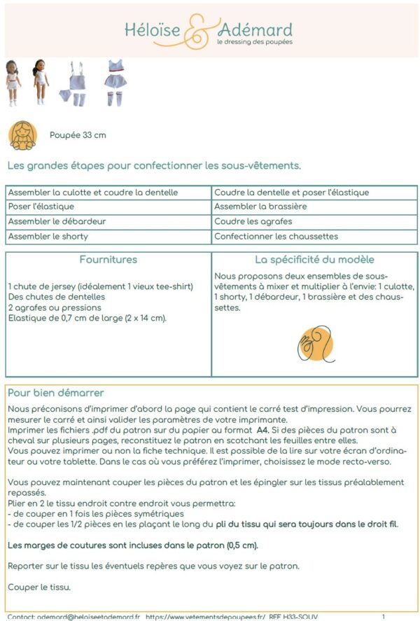 Fiche technique sous-vêtements poupée Chérie