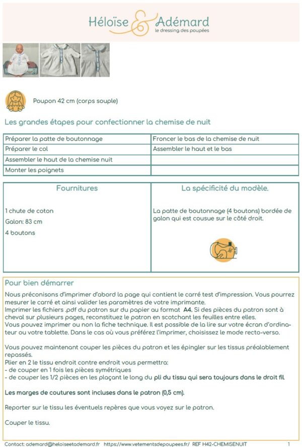 Fiche technique chemise de nuit poupon 42