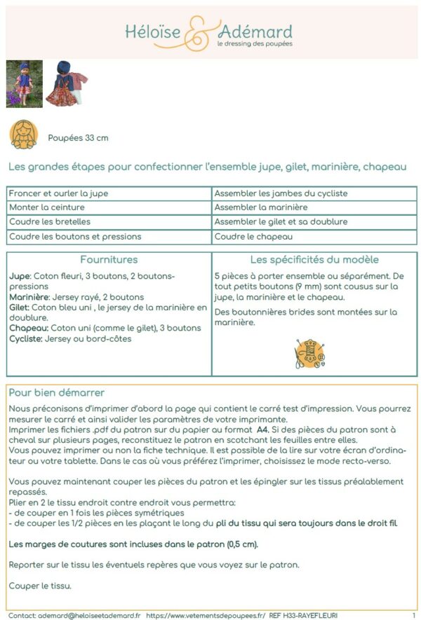 Fiche technique jupe et marinière poupée Chérie Corolle