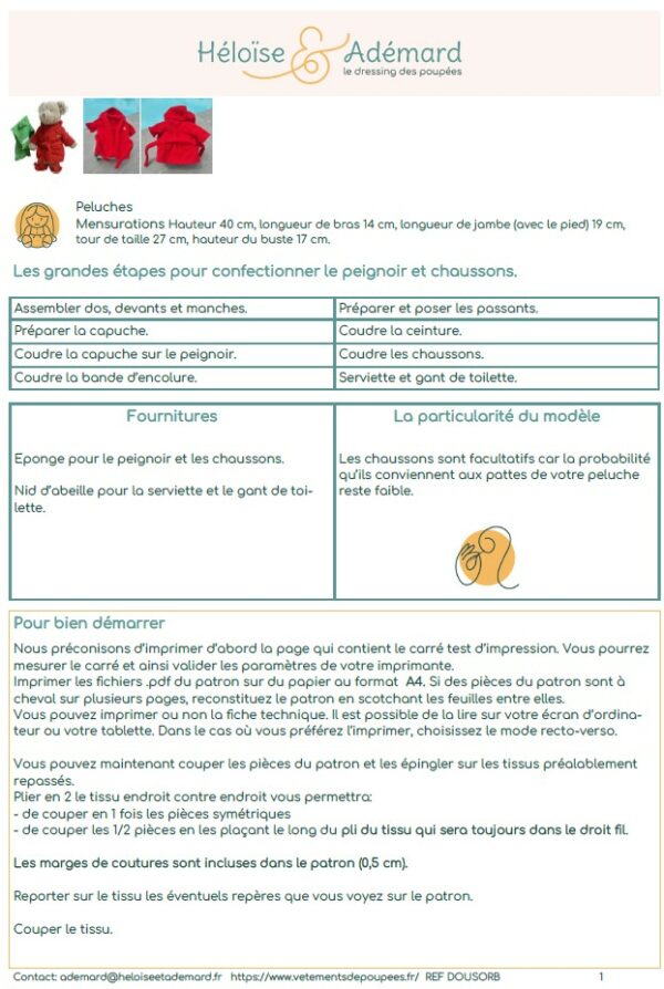 Extrait fiche technique peignoir pour peluche