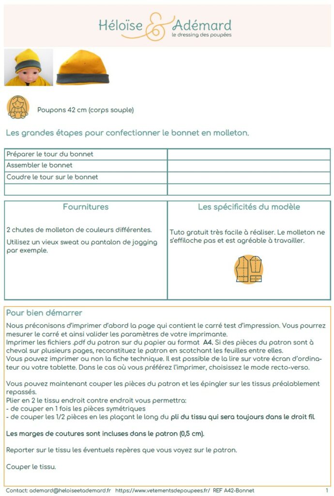 Extrait fiche technique bonnet en molleton poupon 42