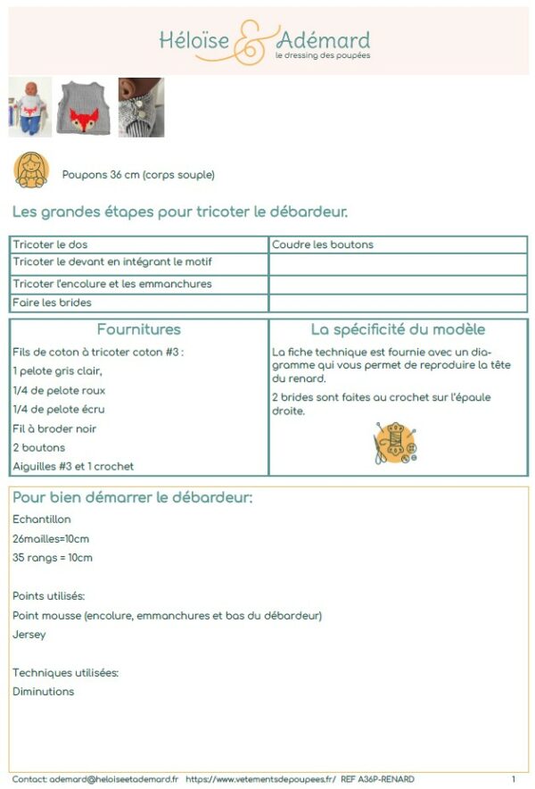Extrait fiche technique débardeur motif renard poupon 36 cm