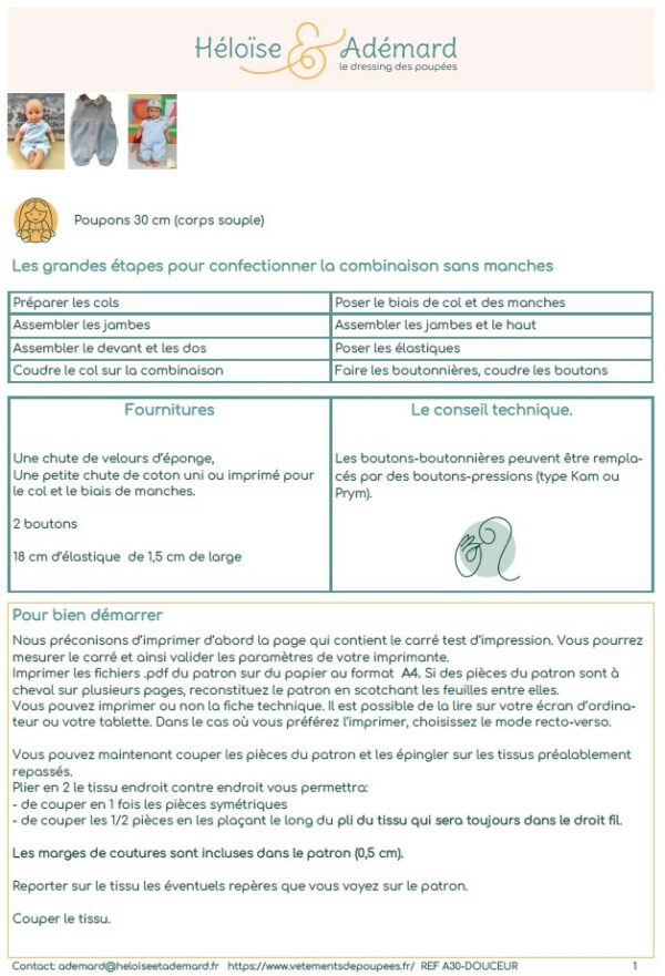 Extrait fiche technique combinaison layette poupon 30 cm