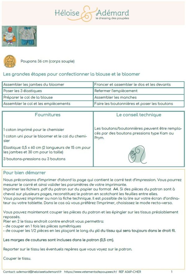 Extrait fiche technique blouse et bloomer poupon 36