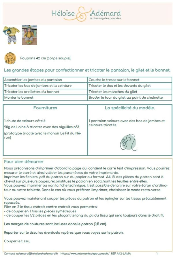 Extrait fiche technique pantalon gilet et bonnet poupon 42 cm