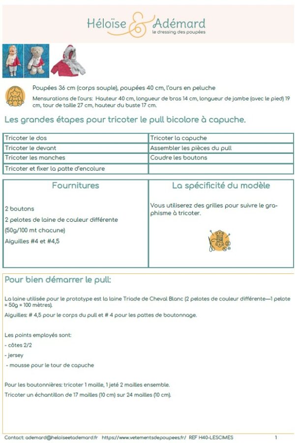 Extrait fiche technique pull à capuche poupée et peluche