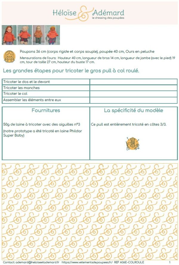 extrait fiche technique pull à tricoter poupon, poupée, peluche