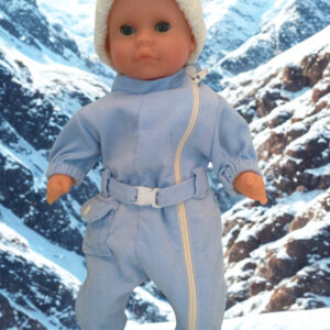 Poupon 30 cm en combinaison de ski bleu ciel